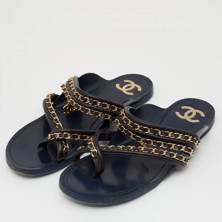 chanel sandals navy blue