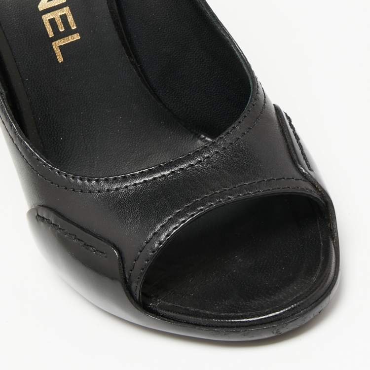 Pre Owned Chanel Black Leather CC Open Toe Pumps Size 36