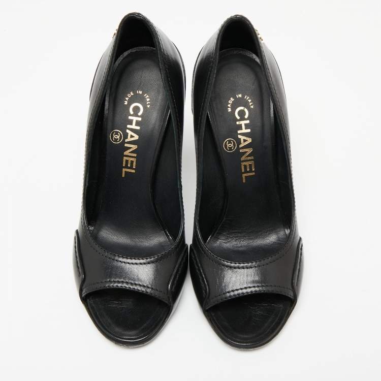 Pre Owned Chanel Black Leather CC Open Toe Pumps Size 36