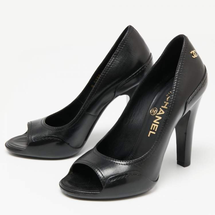 Pre Owned Chanel Black Leather CC Open Toe Pumps Size 36