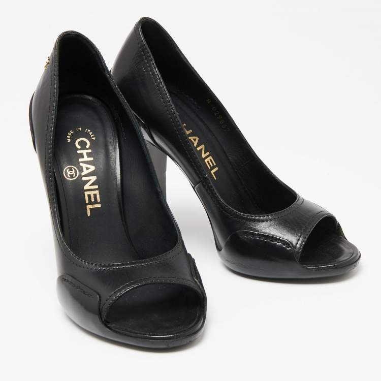 Pre Owned Chanel Black Leather CC Open Toe Pumps Size 36