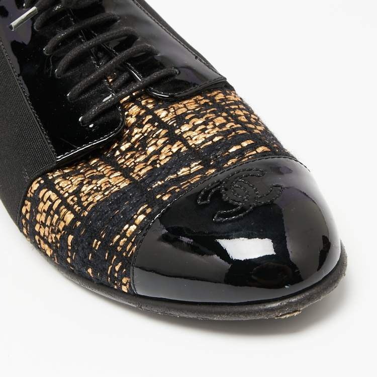 Pre Owned Chanel Black/Gold Tweed And Patent Cap Toe Oxfords Size 38