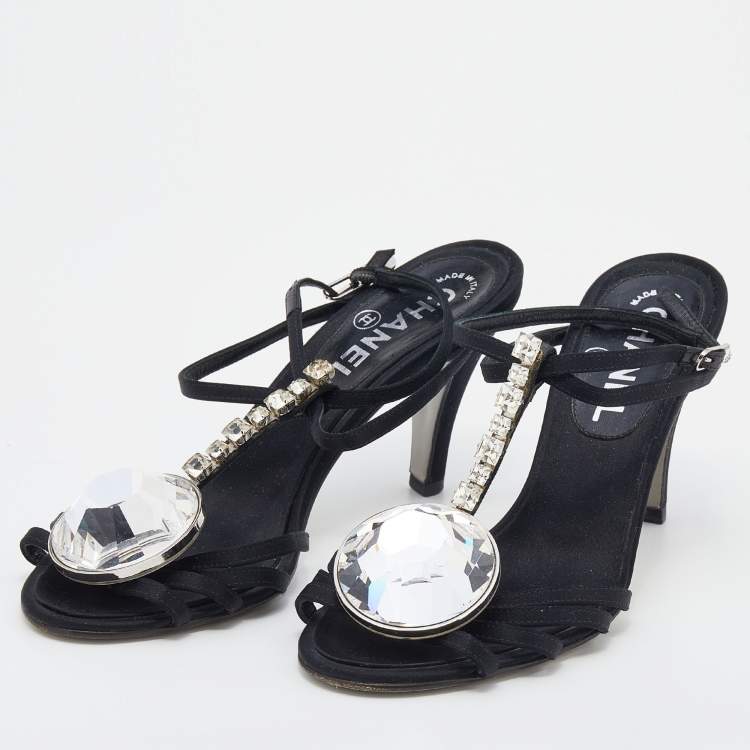 Chanel Black Satin Diamante Strappy Sandals Size 37 Chanel