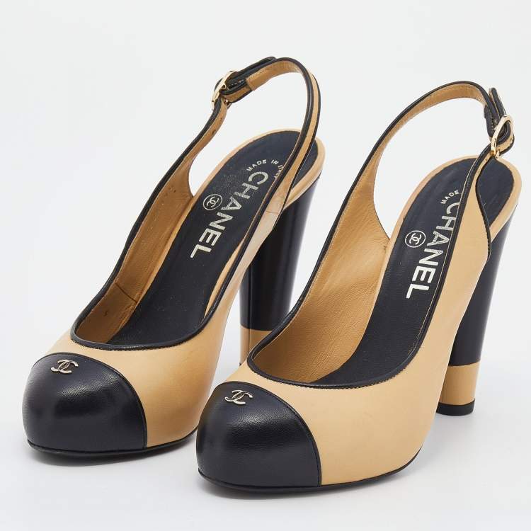Chanel Beige/Black Leather CC Cap Toe Slingback Sandals Size 36 Chanel