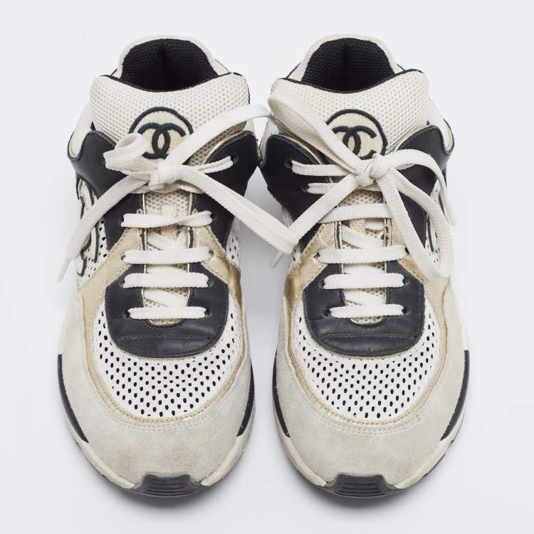 Pre Owned Chanel Tricolor Suede And Fabric  Lace Up Sneakers Size 36