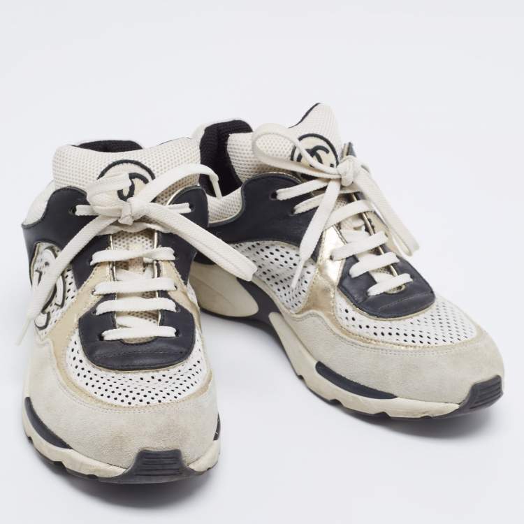 Pre Owned Chanel Tricolor Suede And Fabric  Lace Up Sneakers Size 36