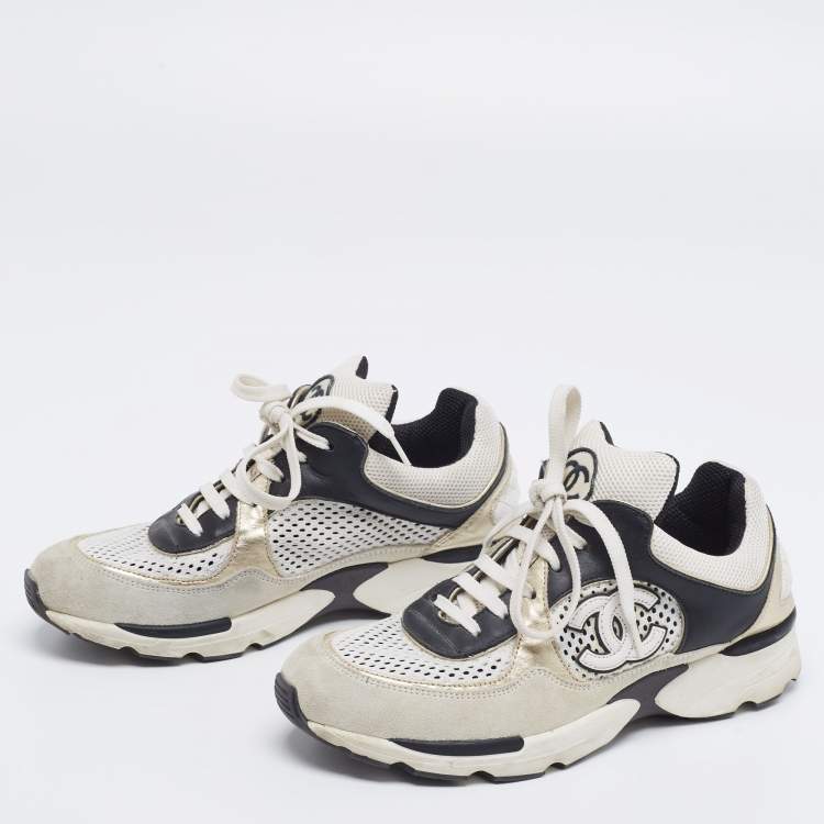 Pre Owned Chanel Tricolor Suede And Fabric  Lace Up Sneakers Size 36