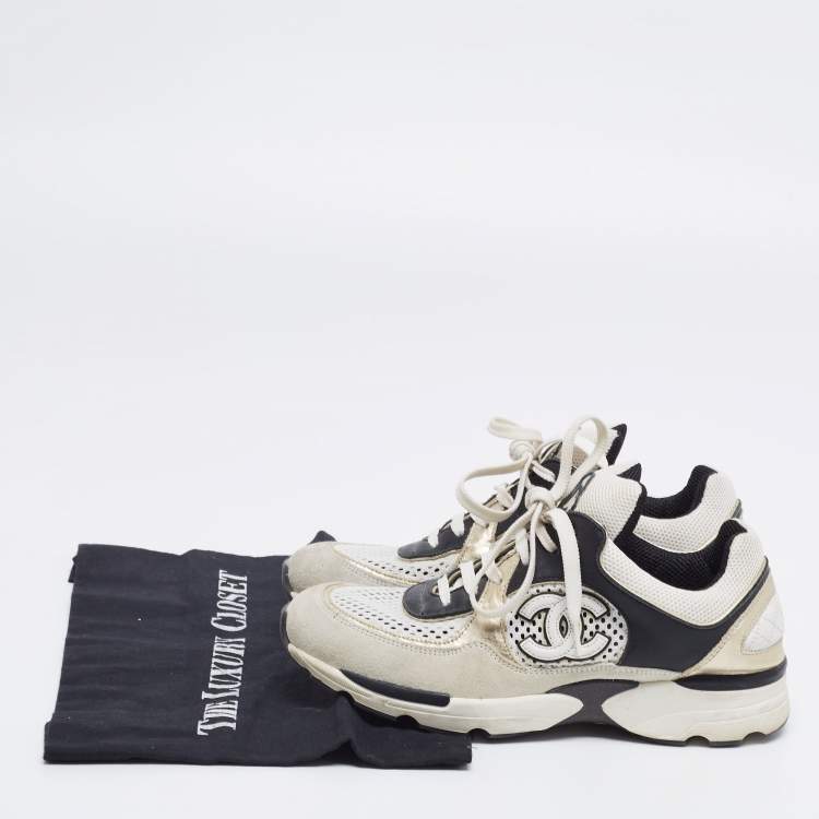 Pre Owned Chanel Tricolor Suede And Fabric  Lace Up Sneakers Size 36