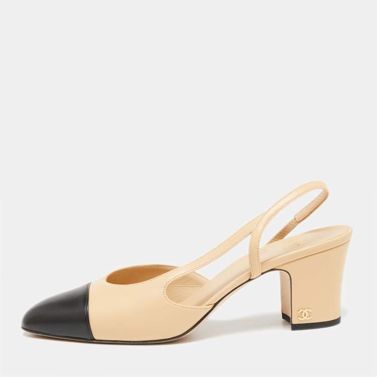 Chanel Beige/Black Leather and Fabric Cap Toe Slingback Flats Sandals Size  39.5 Chanel | The Luxury Closet