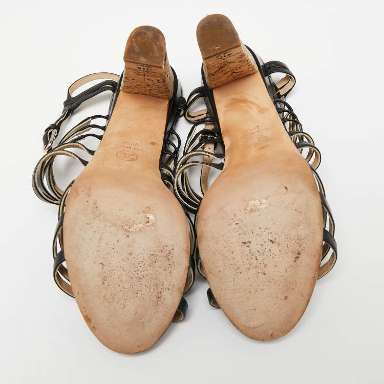 Pre Owned Chanel Black Leather Cork Heel Strappy Sandals Size 40.5 