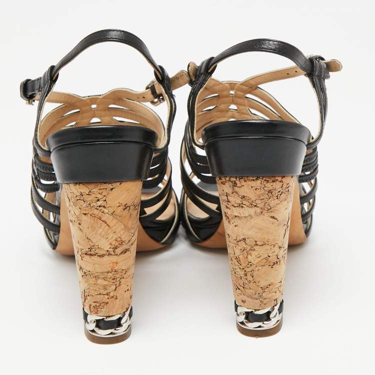 Pre Owned Chanel Black Leather Cork Heel Strappy Sandals Size 40.5 