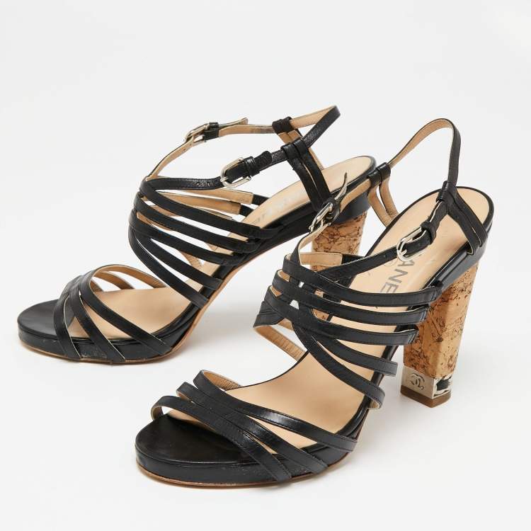 Chanel Black Leather Cork Heel Strappy Sandals Size 40.5