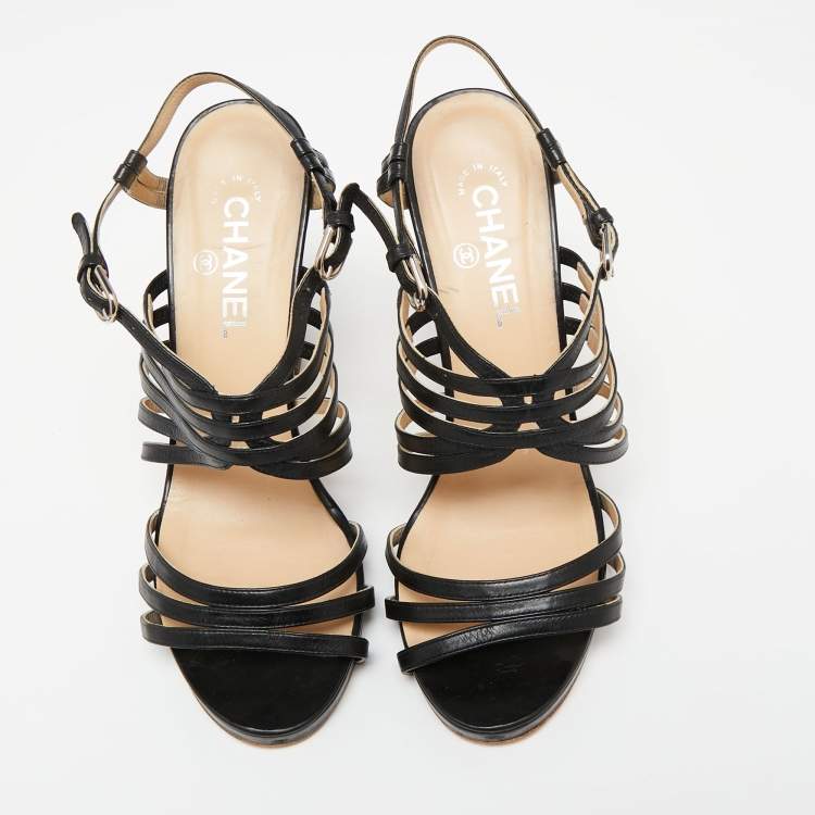 Pre Owned Chanel Black Leather Cork Heel Strappy Sandals Size 40.5 