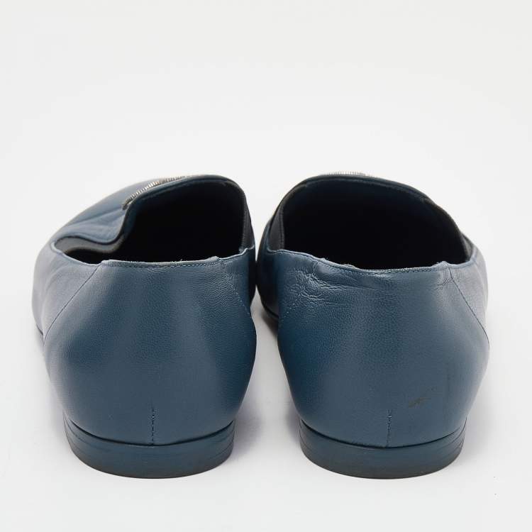 Pre Owned Chanel Blue Leather CC Slip On Loafers Size 36.5
