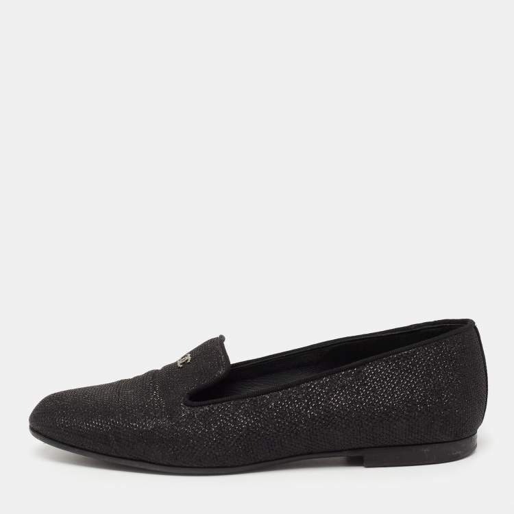 Pre Owned Chanel Black Glitters CC Smoking Slippers Size 38