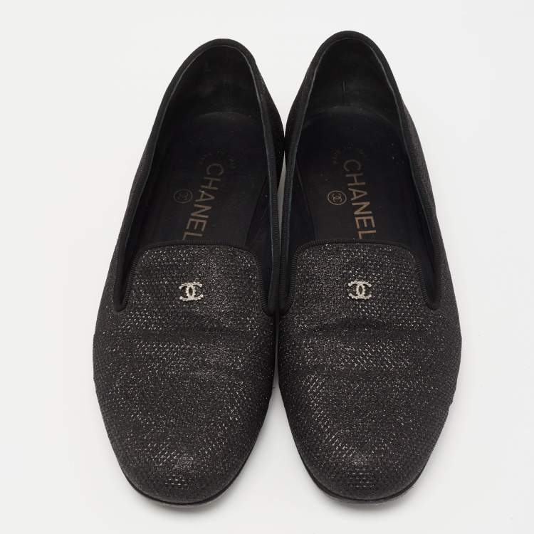Pre Owned Chanel Black Glitters CC Smoking Slippers Size 38