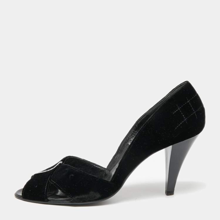 Pre Owned Chanel Black Velvet Cross Strap Peep-Toe Pumps Size 41