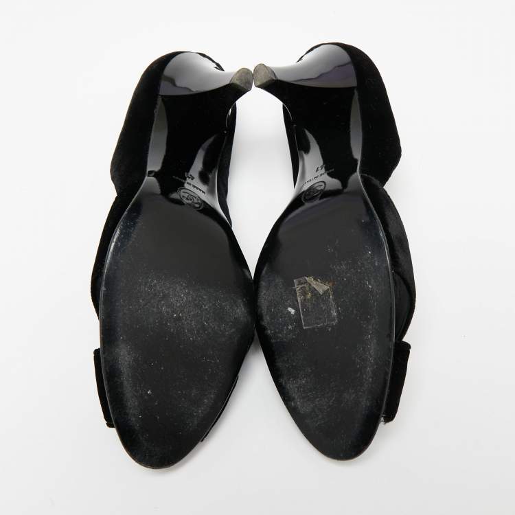 Pre Owned Chanel Black Velvet Cross Strap Peep-Toe Pumps Size 41