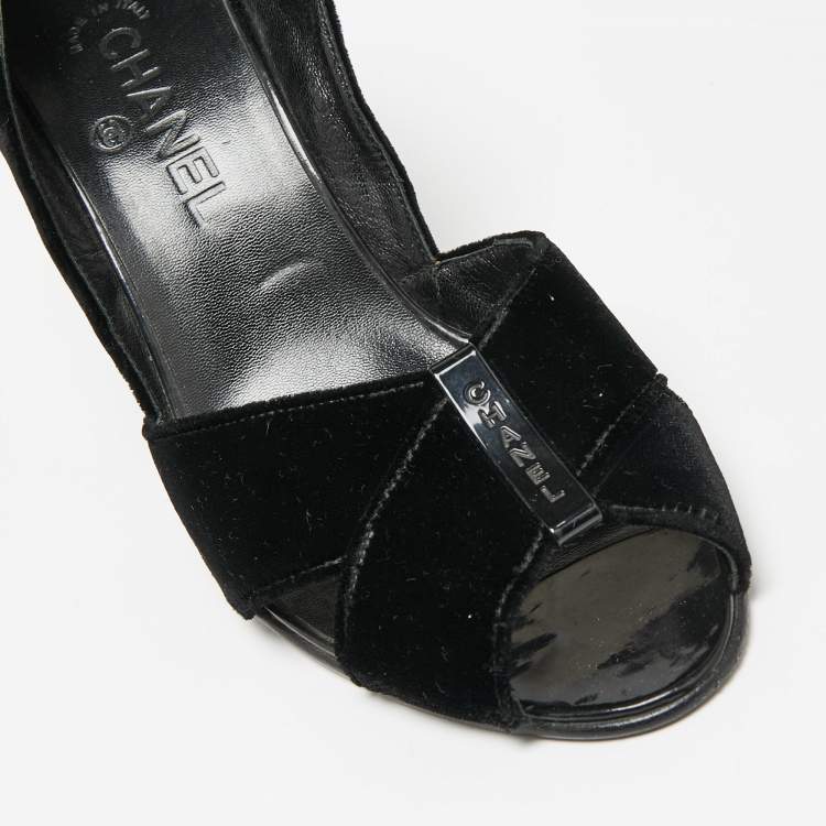 Pre Owned Chanel Black Velvet Cross Strap Peep-Toe Pumps Size 41