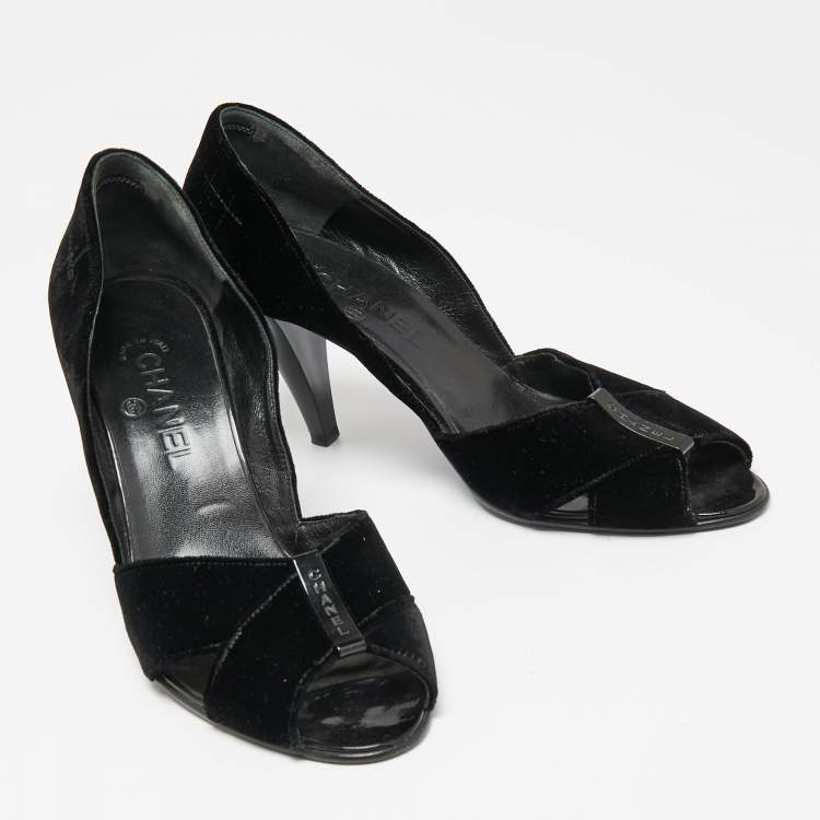 Pre Owned Chanel Black Velvet Cross Strap Peep-Toe Pumps Size 41
