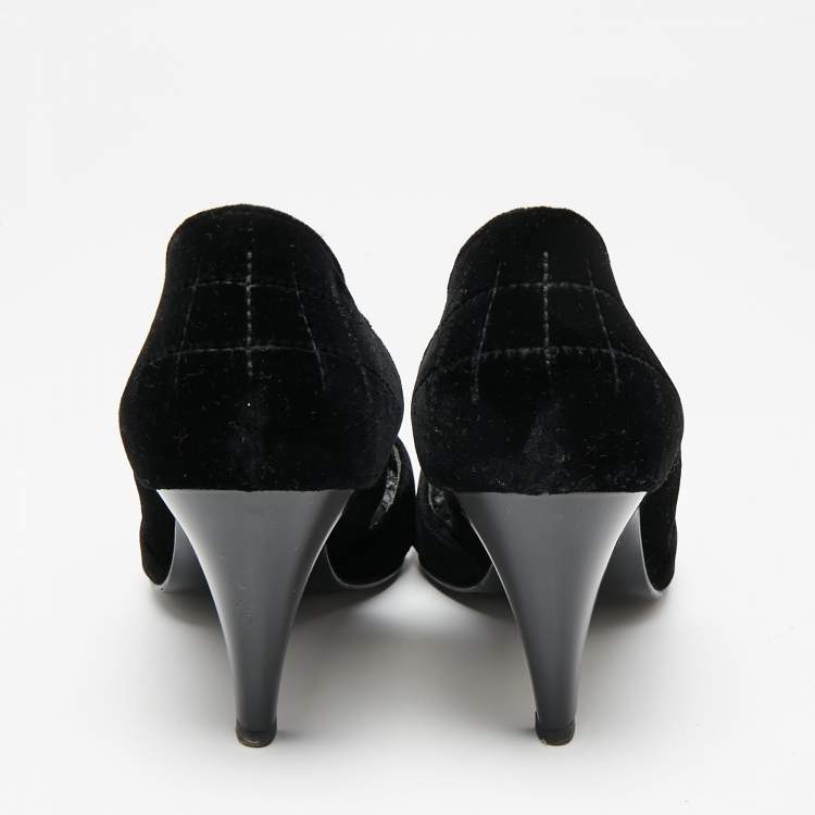Pre Owned Chanel Black Velvet Cross Strap Peep-Toe Pumps Size 41