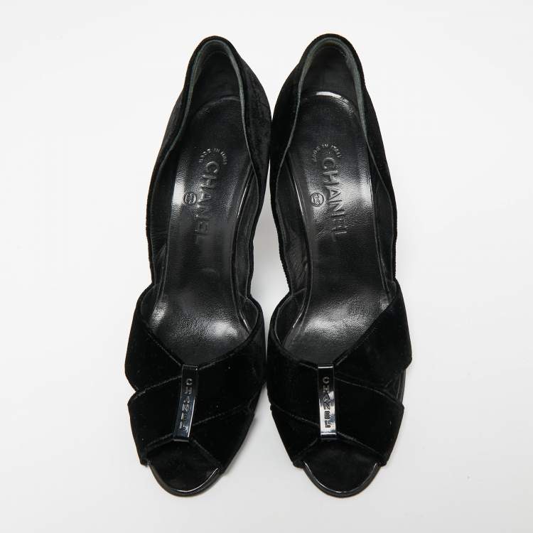 Pre Owned Chanel Black Velvet Cross Strap Peep-Toe Pumps Size 41