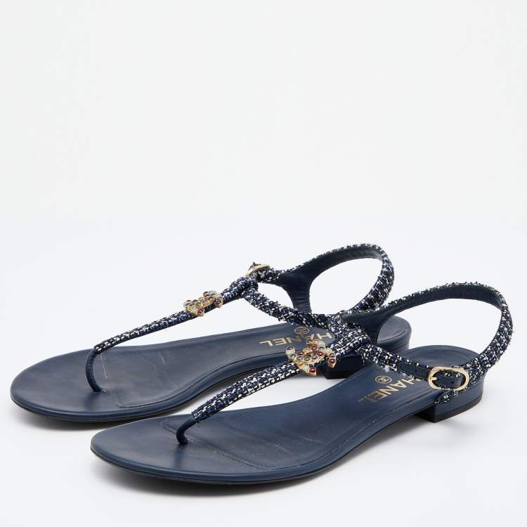 Chanel Navy Blue Tweed And Leather CC Crystal Embellished T-Strap Thong  Flat Sandals Size 40 Chanel
