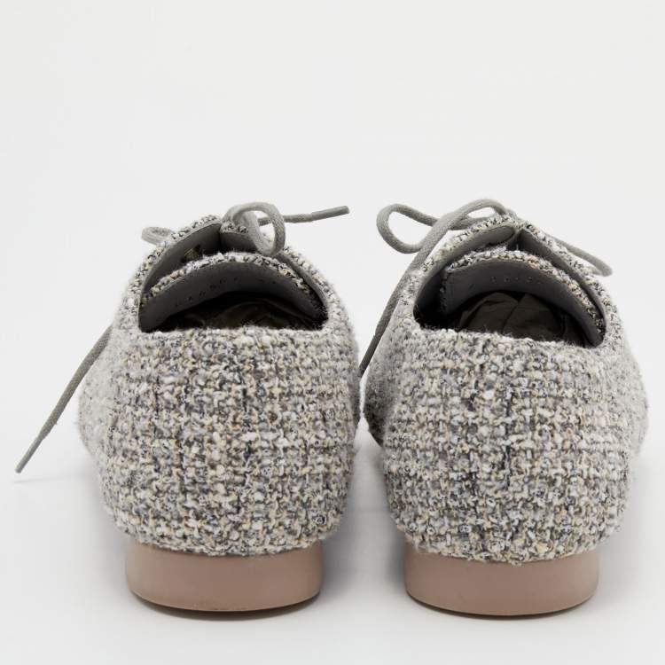 Pre Owned Chanel Multicolor Tweed And Leather CC Cap Toe Lace Up Derby Size 37.5