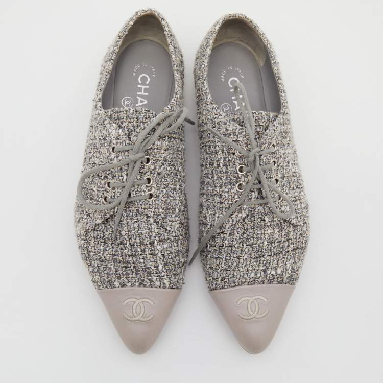 Pre Owned Chanel Multicolor Tweed And Leather CC Cap Toe Lace Up Derby Size 37.5