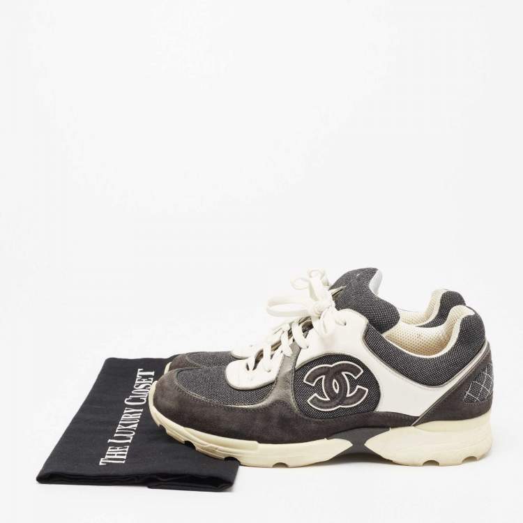 Pre Owned Chanel Black/White Denim, Suede and Leather CC Low-Top Sneakers Size 38