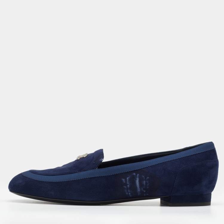 Pre Owned Chanel Blue Suede CC Loafers Size 39