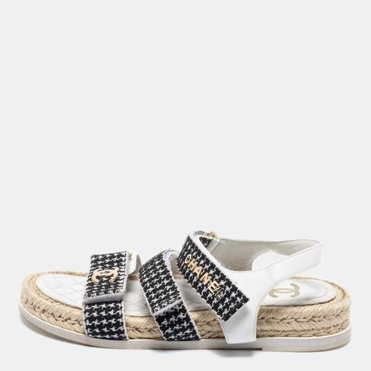 Chanel Black/White Tweed And Leather Espadrille Sandals Size 38 Chanel |  The Luxury Closet