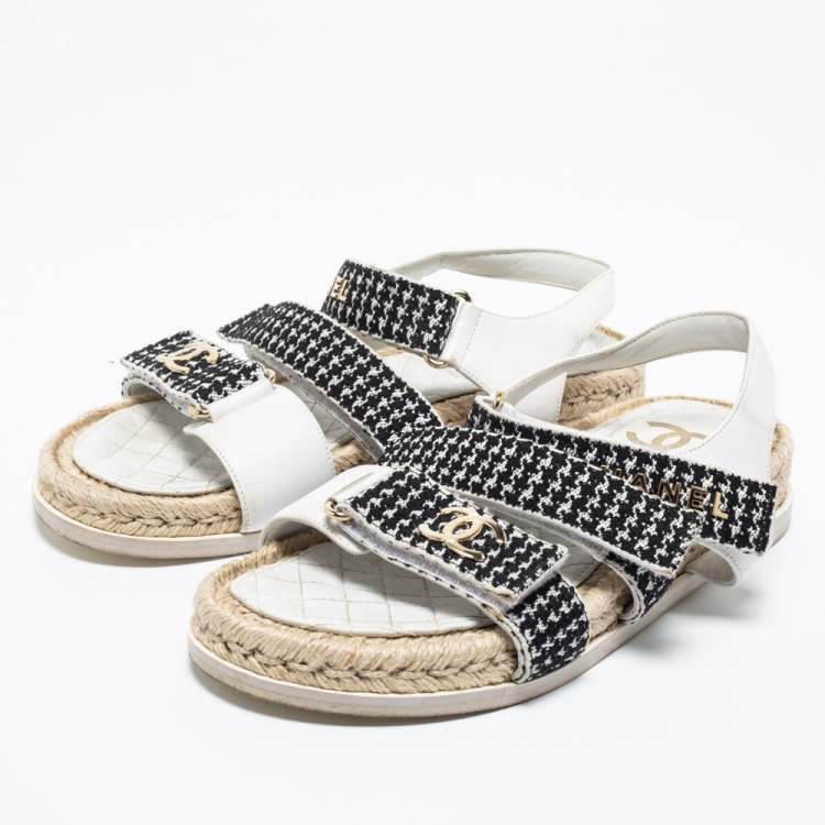Chanel Black/White Tweed And Leather Espadrille Sandals Size 38 Chanel