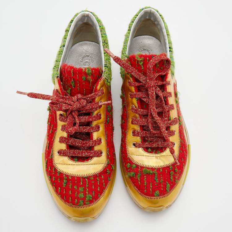 Pre Owned Chanel Multicolor Tweed Fabric And Leather CC Lace Up Sneakers Size 40