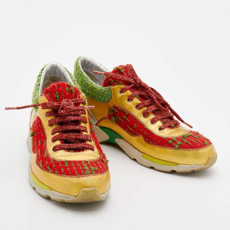 Pre Owned Chanel Multicolor Tweed Fabric And Leather CC Lace Up Sneakers Size 40