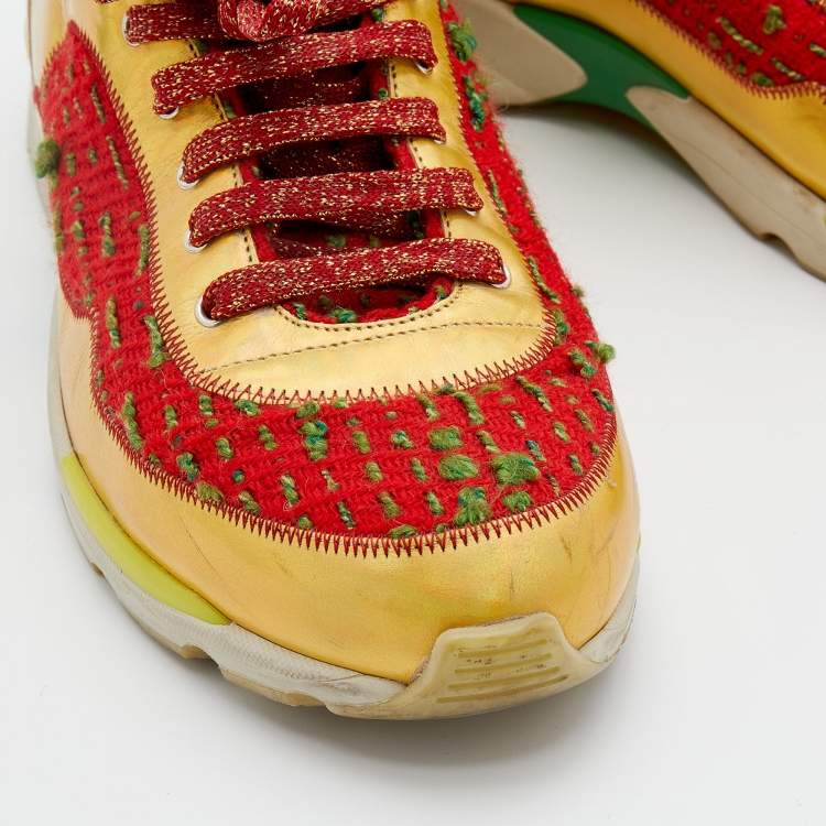 Pre Owned Chanel Multicolor Tweed Fabric And Leather CC Lace Up Sneakers Size 40