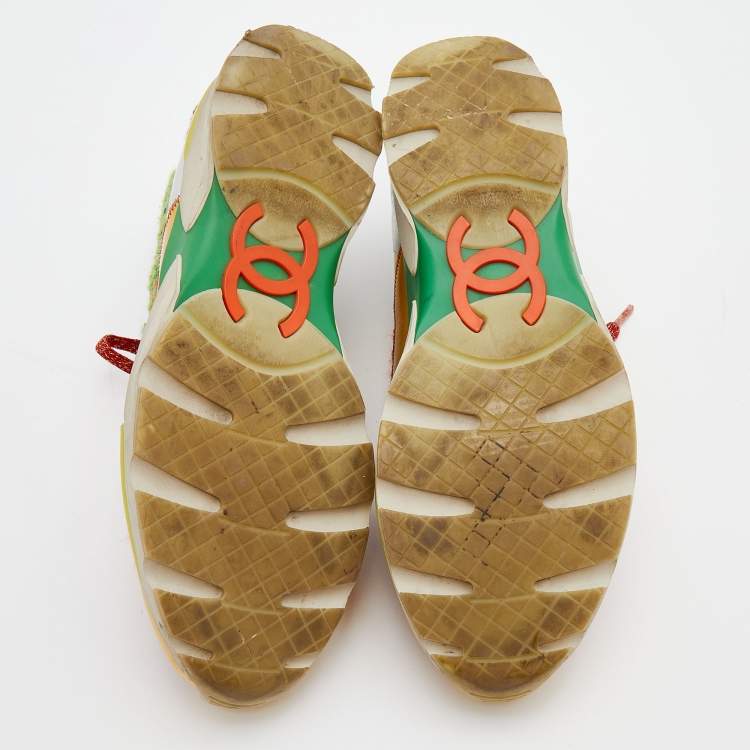 Pre Owned Chanel Multicolor Tweed Fabric And Leather CC Lace Up Sneakers Size 40