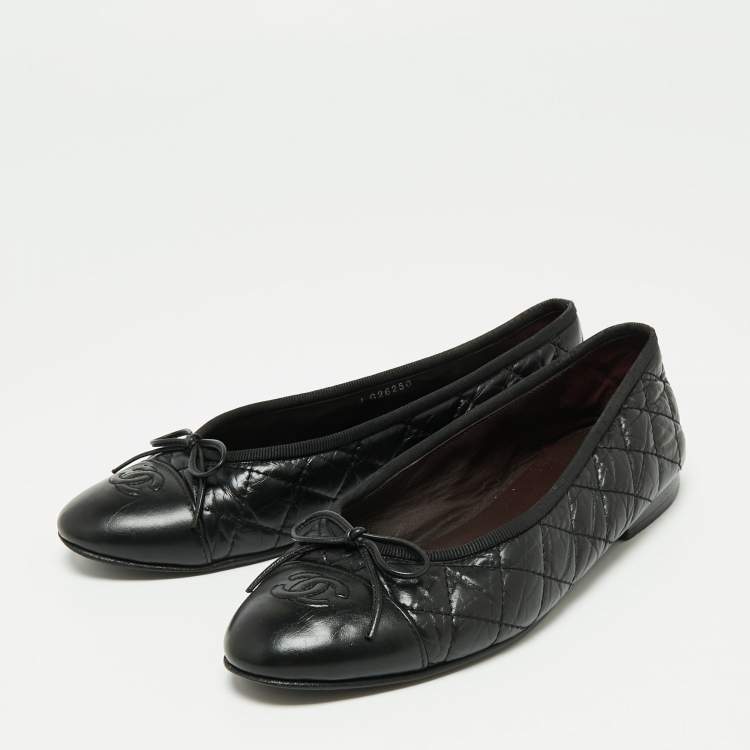 Chanel Black Quilted Leather Bow CC Cap Toe Ballet Flats Size 37