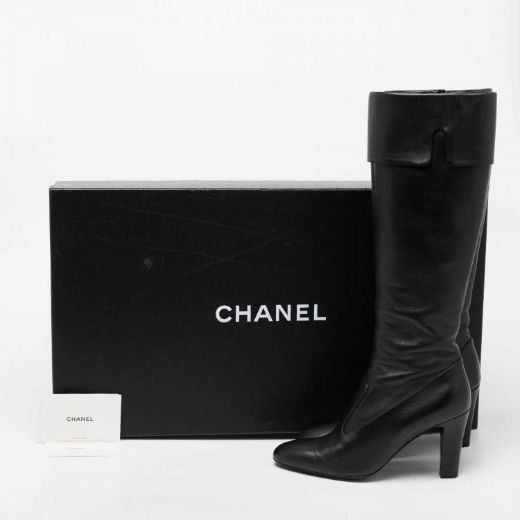 Pre Owned Chanel Black Leather CC Knee High Slip On Boots Size 39.5