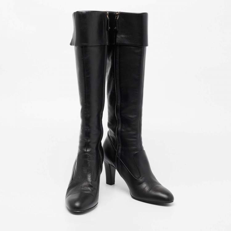 Pre Owned Chanel Black Leather CC Knee High Slip On Boots Size 39.5