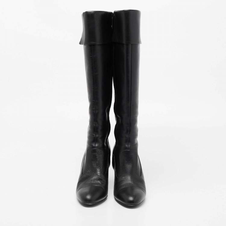 Pre Owned Chanel Black Leather CC Knee High Slip On Boots Size 39.5