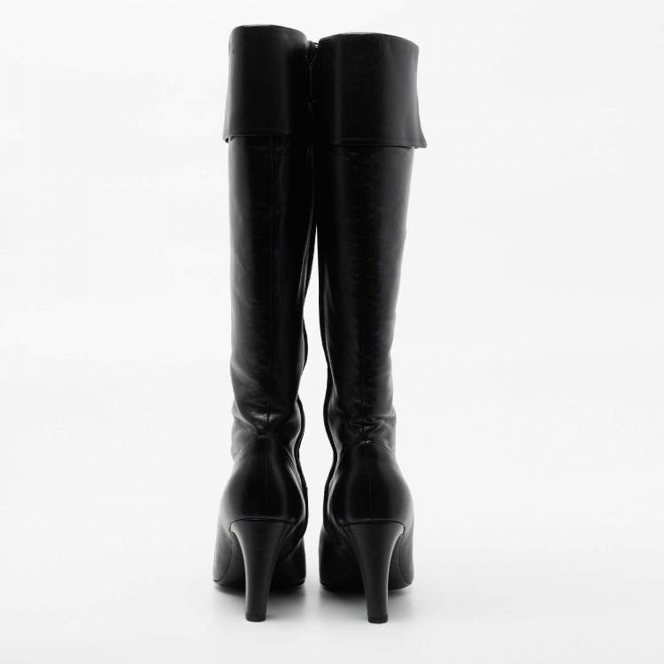 Pre Owned Chanel Black Leather CC Knee High Slip On Boots Size 39.5