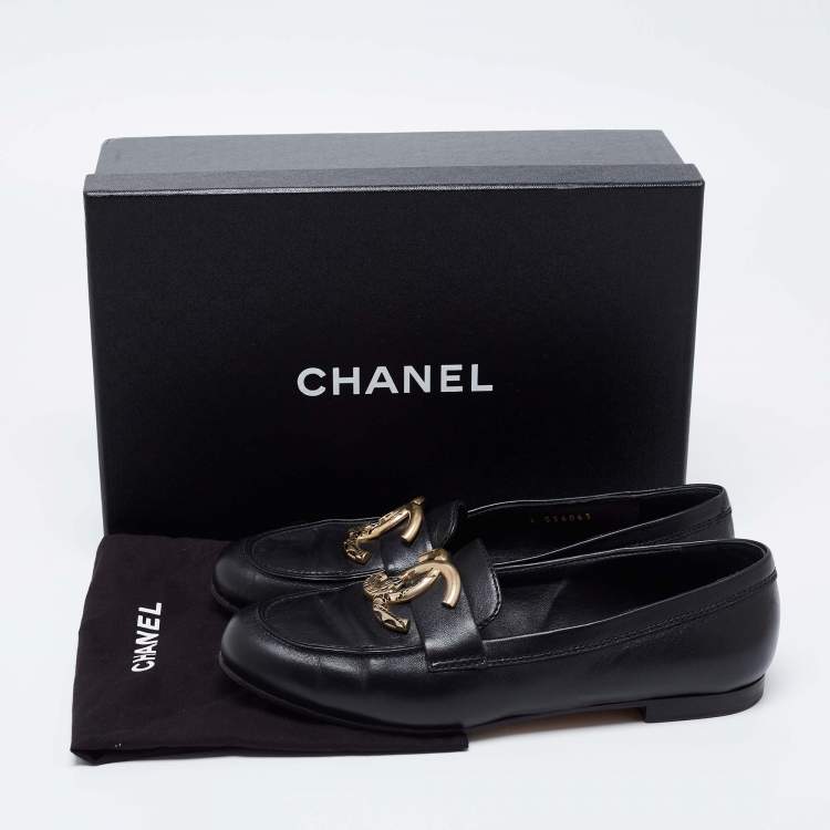 Pre Owned Chanel Black Leather Metal CC Slip On Loafers Size 38.5