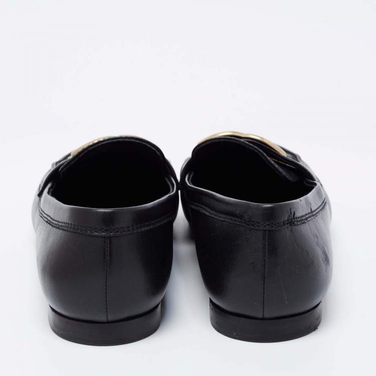 Pre Owned Chanel Black Leather Metal CC Slip On Loafers Size 38.5
