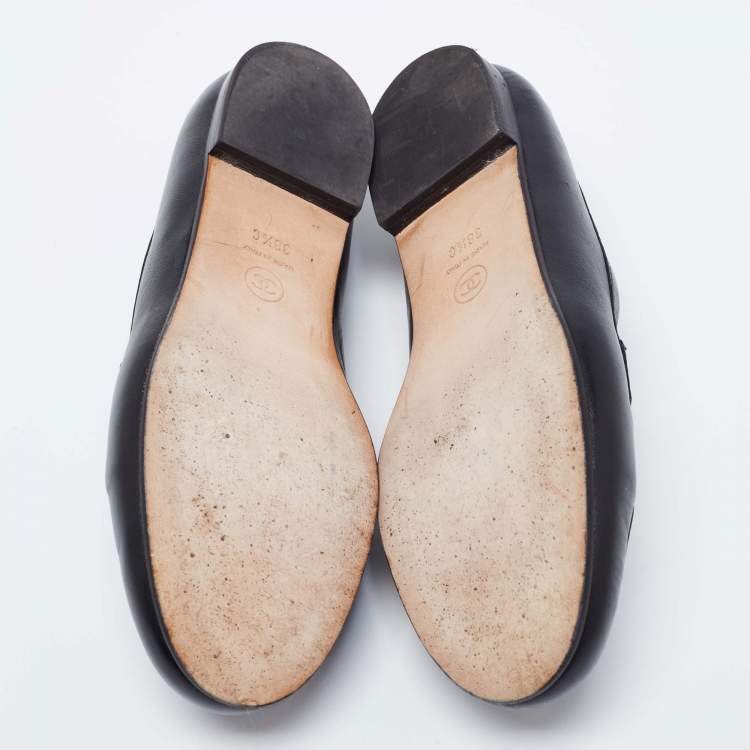 Pre Owned Chanel Black Leather Metal CC Slip On Loafers Size 38.5