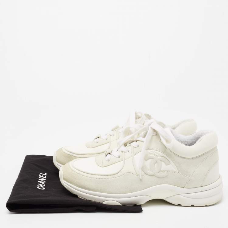 Pre Owned Chanel White/Grey Leather And Suede CC Low-Top Sneakers Size 36.5