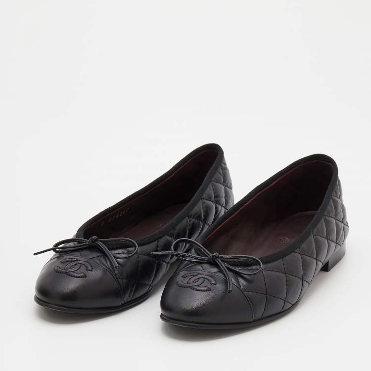 Chanel Black Quilted Leather CC Cap Toe Bow Ballet Flats Size 36.5 Chanel