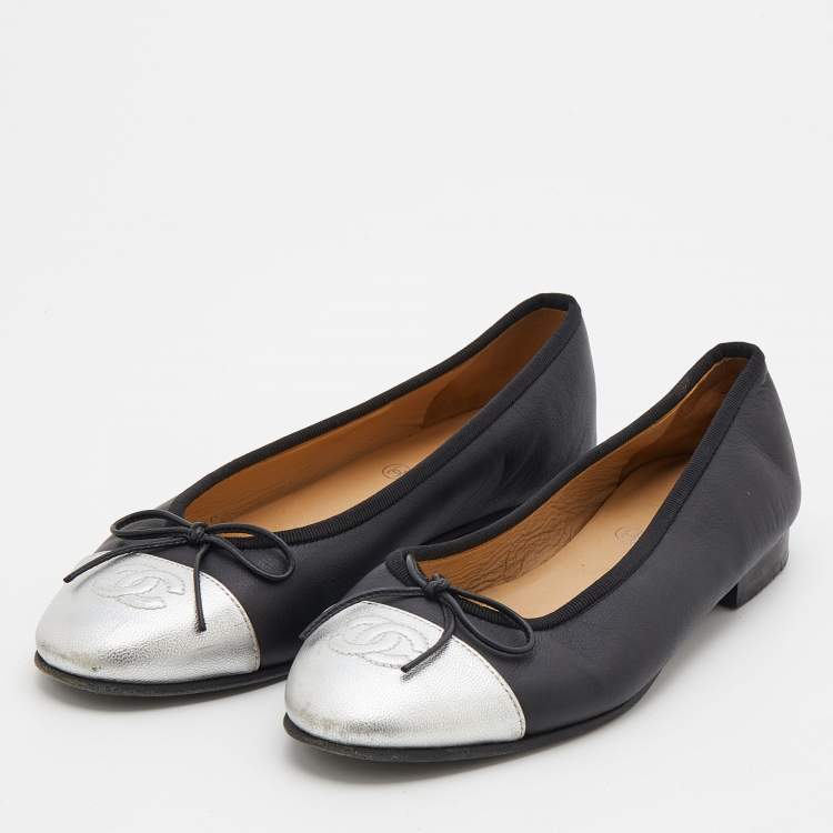 Chanel Black/Silver Leather CC Cap Toe Ballet Flats Size 36 Chanel