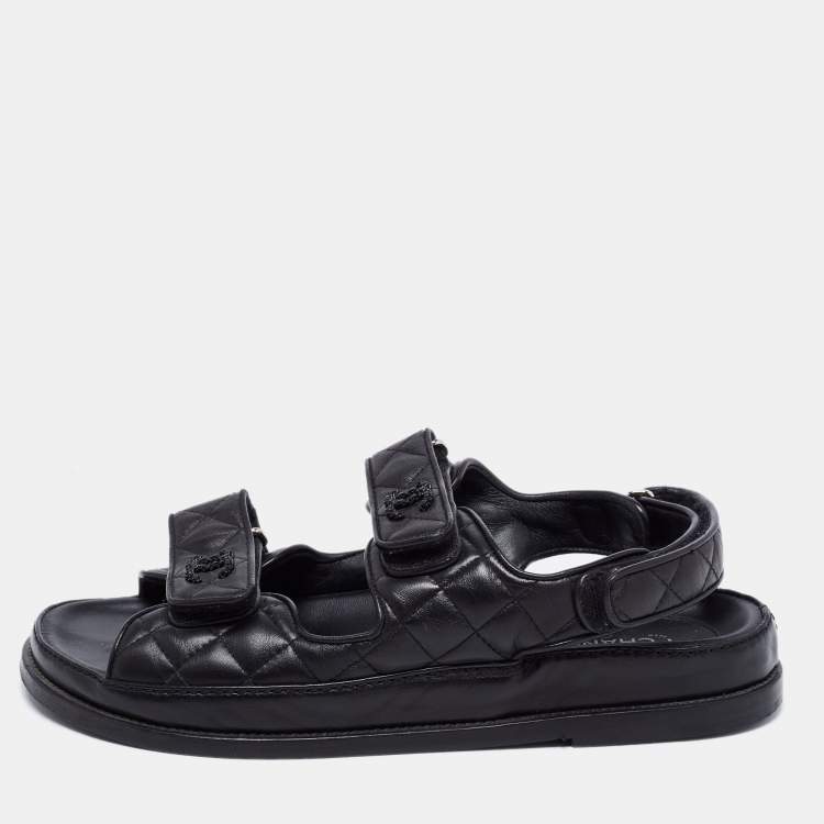 Chanel Black Quilted Fabric CC Velcro Dad Flat Sandals Size 40.5 Chanel