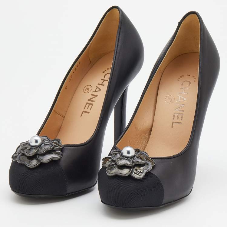 Chanel Black Leather And Fabric Cap Toe Camellia Pearl Embellished